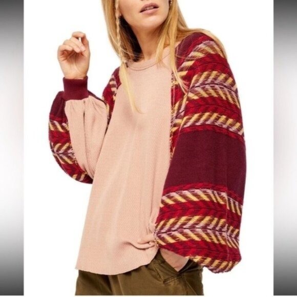 We the Free Oversized Blouse Contrast Sleeves Pink Maroon - Picture 7 of 7